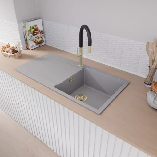 HD Onyx Grey 100 egymedencés gránit mosogatótálca, vágódeszkával, alpesi szürke színben, szálcsiszolt arany leeresztő szifonnal