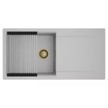 HD Onyx Grey 100 egymedencés mosogatótálca szett, acél csepegtetőráccsal, csepegtetőtálcával, alpesi szürke színben, szálcsiszolt arany leeresztő szifonnal