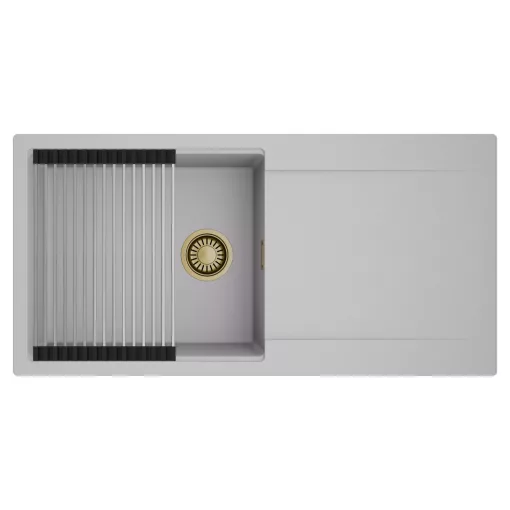 HD Onyx Grey 100 egymedencés mosogatótálca szett, acél csepegtetőráccsal, csepegtetőtálcával, alpesi szürke színben, szálcsiszolt arany leeresztő szifonnal