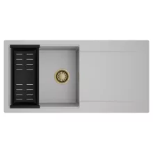 HD Onyx Grey 100 egymedencés mosogatótálca szett, matt fekete csepegtetőkosárral, csepegtetőtálcával, alpesi szürke színben, szálcsiszolt arany leeresztő szifonnal