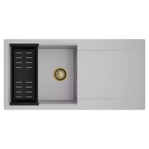 HD Onyx Grey 100 egymedencés mosogatótálca szett, matt fekete csepegtetőkosárral, csepegtetőtálcával, alpesi szürke színben, szálcsiszolt arany leeresztő szifonnal