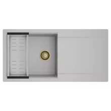 HD Onyx Grey 100 egymedencés mosogatótálca szett, acél csepegtetőkosárral, csepegtetőtálcával, alpesi szürke színben, szálcsiszolt arany leeresztő szifonnal