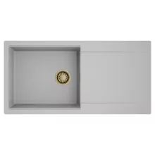 HD Onyx Grey 100 egymedencés mosogatótálca, csepegtetőtálcával, alpesi szürke színben, szálcsiszolt arany leeresztő szifonnal