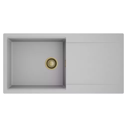 HD Onyx Grey 100 egymedencés mosogatótálca, csepegtetőtálcával, alpesi szürke színben, szálcsiszolt arany leeresztő szifonnal