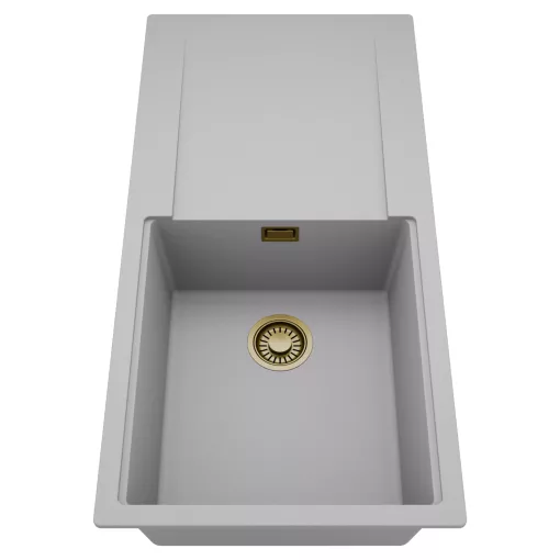 HD Onyx Grey 100 egymedencés mosogatótálca, csepegtetőtálcával, alpesi szürke színben, szálcsiszolt arany leeresztő szifonnal