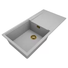 HD Onyx Grey 100 egymedencés mosogatótálca, csepegtetőtálcával, alpesi szürke színben, szálcsiszolt arany leeresztő szifonnal