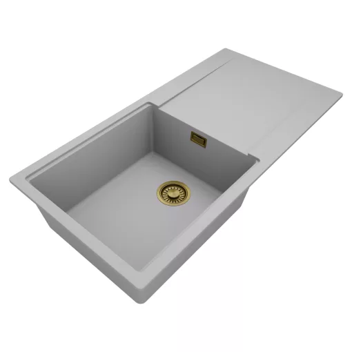 HD Onyx Grey 100 egymedencés mosogatótálca, csepegtetőtálcával, alpesi szürke színben, szálcsiszolt arany leeresztő szifonnal