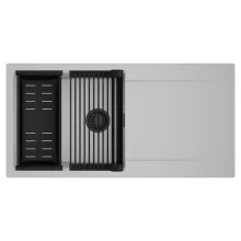 HD Onyx Grey 100 egymedencés mosogatótálca szett, matt fekete csepegtetőráccsal és kosárral, csepegtetőtálcával, alpesi szürke színben, matt fekete leeresztő szifonnal