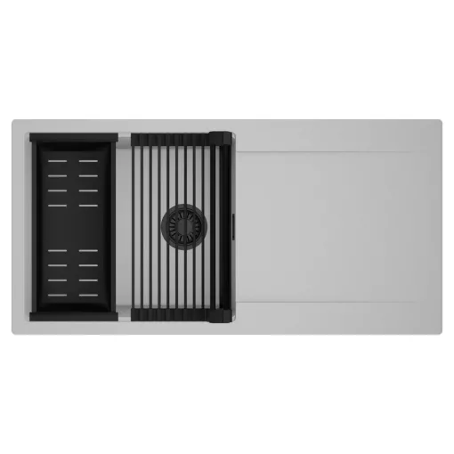 HD Onyx Grey 100 egymedencés mosogatótálca szett, matt fekete csepegtetőráccsal és kosárral, csepegtetőtálcával, alpesi szürke színben, matt fekete leeresztő szifonnal