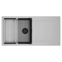 HD Onyx Grey 100 egymedencés mosogatótálca szett, matt fekete csepegtetőráccsal és krómozott kosárral, csepegtetőtálcával, alpesi szürke színben, matt fekete leeresztő szifonnal