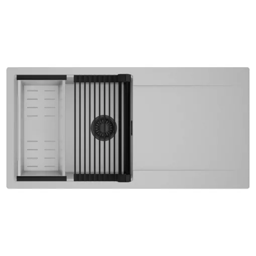 HD Onyx Grey 100 egymedencés mosogatótálca szett, matt fekete csepegtetőráccsal és krómozott kosárral, csepegtetőtálcával, alpesi szürke színben, matt fekete leeresztő szifonnal