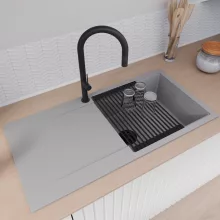 HD Onyx Grey 100 egymedencés mosogatótálca szett, matt fekete csepegtetőráccsal és krómozott kosárral, csepegtetőtálcával, alpesi szürke színben, matt fekete leeresztő szifonnal