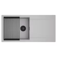 HD Onyx Grey 100 egymedencés mosogatótálca szett, matt fekete csepegtetőráccsal, csepegtetőtálcával, alpesi szürke színben, matt fekete leeresztő szifonnal