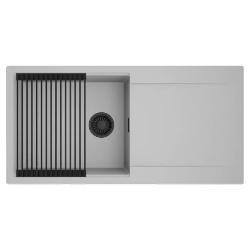 HD Onyx Grey 100 egymedencés mosogatótálca szett, matt fekete csepegtetőráccsal, csepegtetőtálcával, alpesi szürke színben, matt fekete leeresztő szifonnal