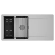 HD Onyx Grey 100 egymedencés mosogatótálca szett, acél csepegtetőráccsal és matt fekete kosárral, csepegtetőtálcával, alpesi szürke színben, matt fekete leeresztő szifonnal