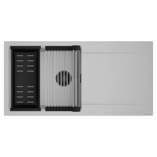 HD Onyx Grey 100 egymedencés mosogatótálca szett, acél csepegtetőráccsal és matt fekete kosárral, csepegtetőtálcával, alpesi szürke színben, matt fekete leeresztő szifonnal