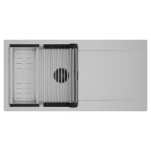 HD Onyx Grey 100 egymedencés mosogatótálca szett, acél csepegtetőráccsal és kosárral, csepegtetőtálcával, alpesi szürke színben, matt fekete leeresztő szifonnal