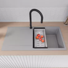 HD Onyx Grey 100 egymedencés mosogatótálca szett, acél csepegtetőráccsal és kosárral, csepegtetőtálcával, alpesi szürke színben, matt fekete leeresztő szifonnal