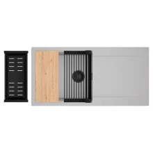 HD Onyx Grey 100 egymedencés gránit mosogatótálca szett, csepegtetőtálcával, vágódeszkával, matt fekete csepegtetőráccsal és kosárral, alpesi szürke színben, matt fekete leeresztő szifonnal