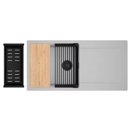 HD Onyx Grey 100 egymedencés gránit mosogatótálca szett, csepegtetőtálcával, vágódeszkával, matt fekete csepegtetőráccsal és kosárral, alpesi szürke színben, matt fekete leeresztő szifonnal