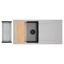 HD Onyx Grey 100 egymedencés gránit mosogatótálca szett, csepegtetőtálcával, vágódeszkával, matt fekete csepegtetőráccsal és krómozott kosárral, alpesi szürke színben, matt fekete leeresztő szifonnal