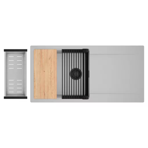 HD Onyx Grey 100 egymedencés gránit mosogatótálca szett, csepegtetőtálcával, vágódeszkával, matt fekete csepegtetőráccsal és krómozott kosárral, alpesi szürke színben, matt fekete leeresztő szifonnal