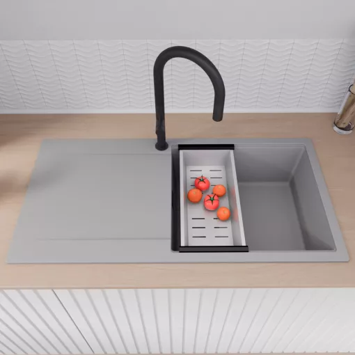 HD Onyx Grey 100 egymedencés gránit mosogatótálca szett, csepegtetőtálcával, vágódeszkával, matt fekete csepegtetőráccsal és krómozott kosárral, alpesi szürke színben, matt fekete leeresztő szifonnal