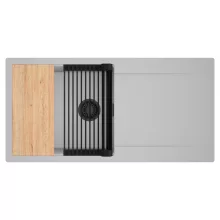 HD Onyx Grey 100 egymedencés gránit mosogatótálca szett, csepegtetőtálcával, vágódeszkával, matt fekete csepegtetőráccsal, alpesi szürke színben, matt fekete leeresztő szifonnal