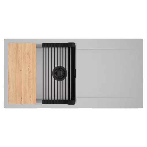 HD Onyx Grey 100 egymedencés gránit mosogatótálca szett, csepegtetőtálcával, vágódeszkával, matt fekete csepegtetőráccsal, alpesi szürke színben, matt fekete leeresztő szifonnal