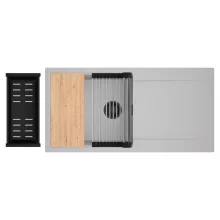 HD Onyx Grey 100 egymedencés gránit mosogatótálca szett, csepegtetőtálcával, vágódeszkával, acél csepegtetőráccsal és matt fekete kosárral, alpesi szürke színben, matt fekete leeresztő szifonnal