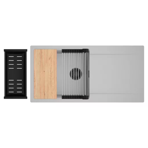 HD Onyx Grey 100 egymedencés gránit mosogatótálca szett, csepegtetőtálcával, vágódeszkával, acél csepegtetőráccsal és matt fekete kosárral, alpesi szürke színben, matt fekete leeresztő szifonnal