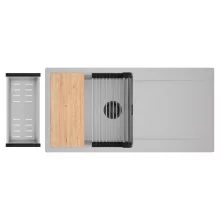 HD Onyx Grey 100 egymedencés gránit mosogatótálca szett, csepegtetőtálcával, vágódeszkával, acél csepegtetőráccsal és kosárral, alpesi szürke színben, matt fekete leeresztő szifonnal