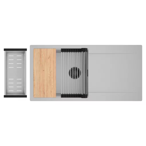 HD Onyx Grey 100 egymedencés gránit mosogatótálca szett, csepegtetőtálcával, vágódeszkával, acél csepegtetőráccsal és kosárral, alpesi szürke színben, matt fekete leeresztő szifonnal