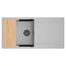 HD Onyx Grey 100 egymedencés gránit mosogatótálca szett, csepegtetőtálcával, vágódeszkával, acél csepegtetőráccsal, alpesi szürke színben, matt fekete leeresztő szifonnal