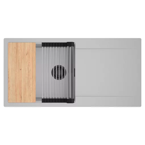 HD Onyx Grey 100 egymedencés gránit mosogatótálca szett, csepegtetőtálcával, vágódeszkával, acél csepegtetőráccsal, alpesi szürke színben, matt fekete leeresztő szifonnal