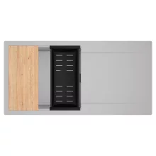 HD Onyx Grey 100 egymedencés gránit mosogatótálca szett, csepegtetőtálcával, vágódeszkával, matt fekete csepegtetőkosárral, alpesi szürke színben, matt fekete leeresztő szifonnal