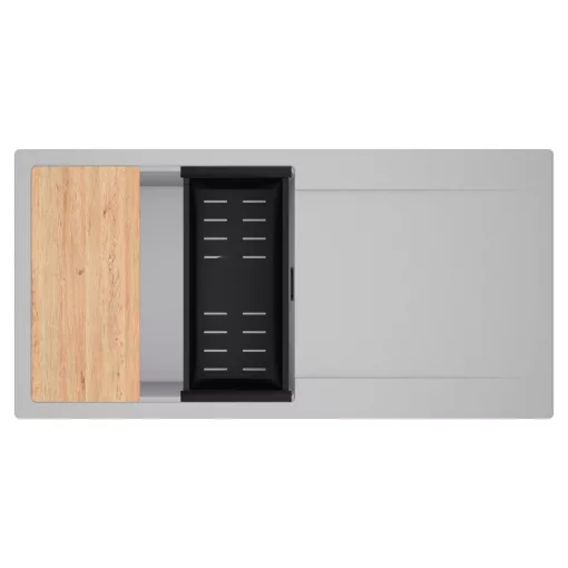 HD Onyx Grey 100 egymedencés gránit mosogatótálca szett, csepegtetőtálcával, vágódeszkával, matt fekete csepegtetőkosárral, alpesi szürke színben, matt fekete leeresztő szifonnal