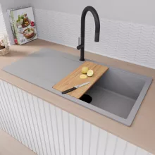 HD Onyx Grey 100 egymedencés gránit mosogatótálca szett, csepegtetőtálcával, vágódeszkával, matt fekete csepegtetőkosárral, alpesi szürke színben, matt fekete leeresztő szifonnal