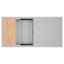 HD Onyx Grey 100 egymedencés gránit mosogatótálca szett, csepegtetőtálcával, vágódeszkával, acél csepegtetőkosárral, alpesi szürke színben, matt fekete leeresztő szifonnal