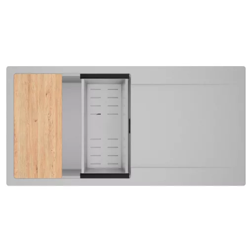 HD Onyx Grey 100 egymedencés gránit mosogatótálca szett, csepegtetőtálcával, vágódeszkával, acél csepegtetőkosárral, alpesi szürke színben, matt fekete leeresztő szifonnal