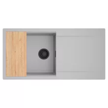 HD Onyx Grey 100 egymedencés gránit mosogatótálca, vágódeszkával, alpesi szürke színben, matt fekete leeresztő szifonnal