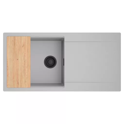 HD Onyx Grey 100 egymedencés gránit mosogatótálca, vágódeszkával, alpesi szürke színben, matt fekete leeresztő szifonnal