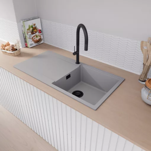 HD Onyx Grey 100 egymedencés gránit mosogatótálca, vágódeszkával, alpesi szürke színben, matt fekete leeresztő szifonnal