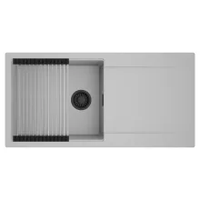 HD Onyx Grey 100 egymedencés mosogatótálca szett, acél csepegtetőráccsal, csepegtetőtálcával, alpesi szürke színben, matt fekete leeresztő szifonnal