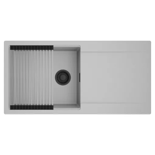 HD Onyx Grey 100 egymedencés mosogatótálca szett, acél csepegtetőráccsal, csepegtetőtálcával, alpesi szürke színben, matt fekete leeresztő szifonnal