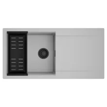 HD Onyx Grey 100 egymedencés mosogatótálca szett, matt fekete csepegtetőkosárral, csepegtetőtálcával, alpesi szürke színben, matt fekete leeresztő szifonnal