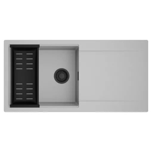 HD Onyx Grey 100 egymedencés mosogatótálca szett, matt fekete csepegtetőkosárral, csepegtetőtálcával, alpesi szürke színben, matt fekete leeresztő szifonnal