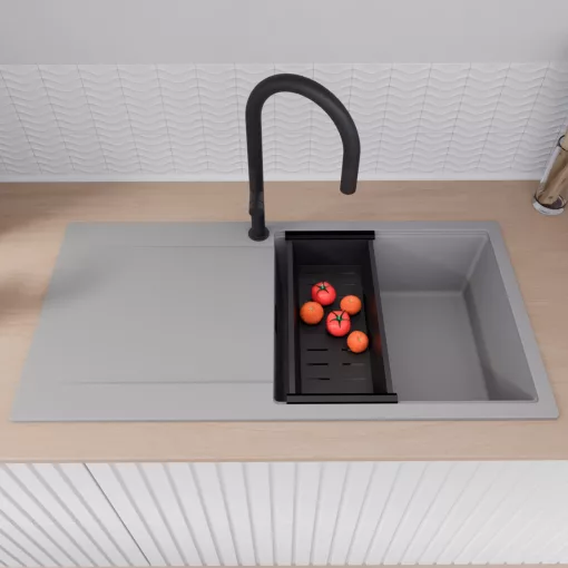 HD Onyx Grey 100 egymedencés mosogatótálca szett, matt fekete csepegtetőkosárral, csepegtetőtálcával, alpesi szürke színben, matt fekete leeresztő szifonnal