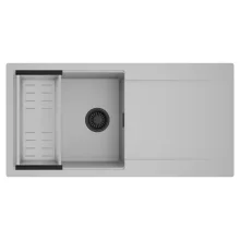 HD Onyx Grey 100 egymedencés mosogatótálca szett, acél csepegtetőkosárral, csepegtetőtálcával, alpesi szürke színben, matt fekete leeresztő szifonnal