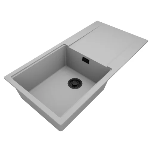 HD Onyx Grey 100 egymedencés mosogatótálca, csepegtetőtálcával, alpesi szürke színben, matt fekete leeresztő szifonnal